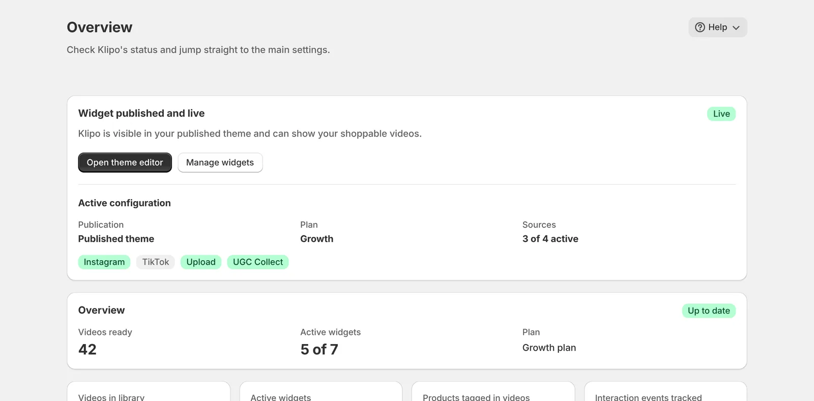 Klipo Overview in the Shopify admin: widget published and live, plan and active sources